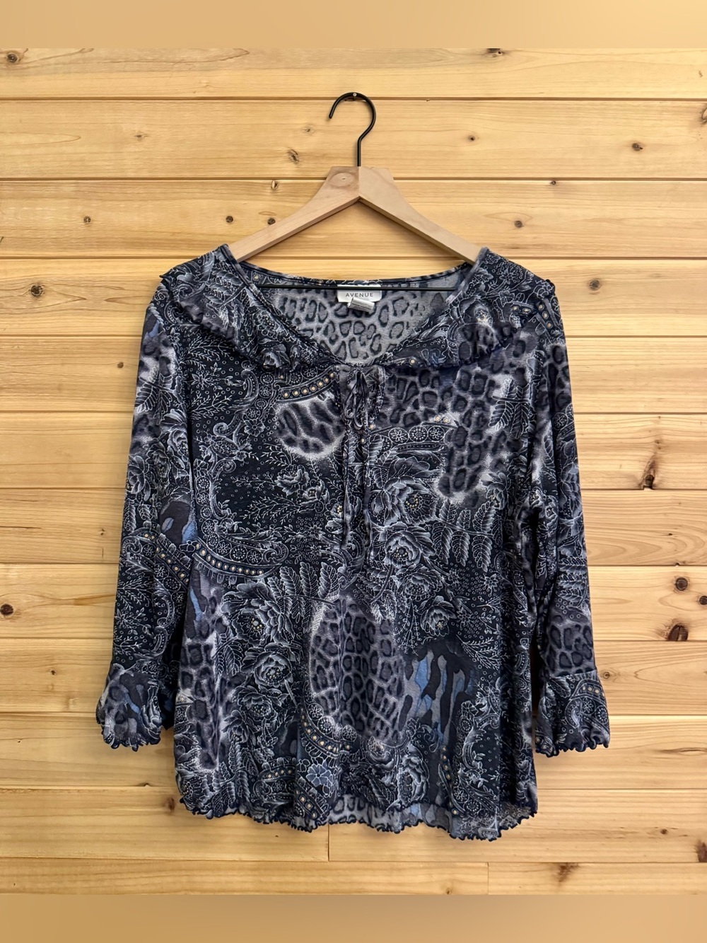 Y2K Avenue XL Gray Leopard Paisley Floral Mix Pattern Lettuce Hem Blouse Goth